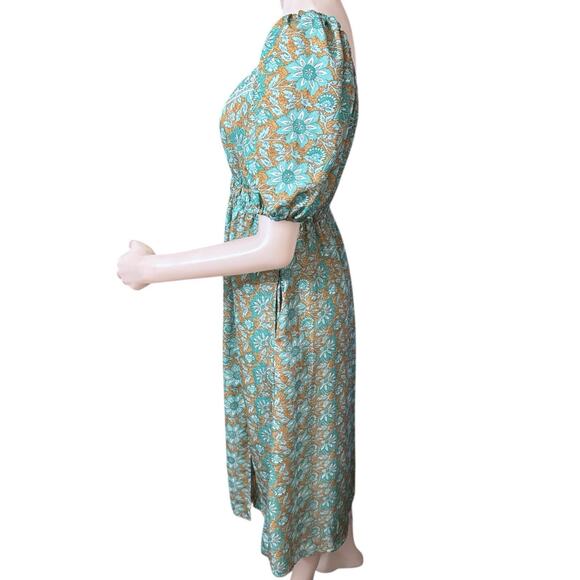 Boemo Womens Blue Green Floral Puff Sleeve Elastic Waist Pockets Slit Dress L - Picture 2 of 7